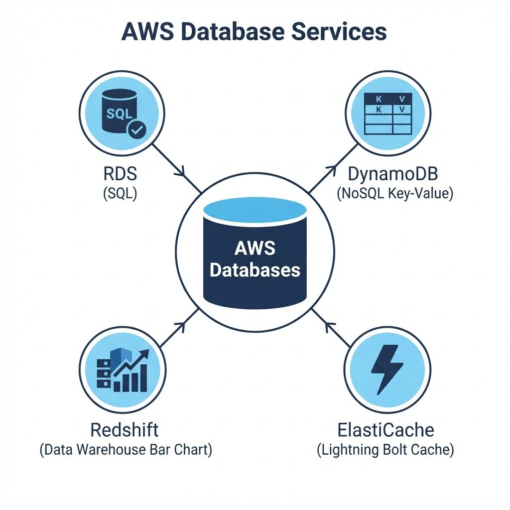 AWS database services diagram: RDS, Aurora, DynamoDB, Redshift and ElastiCache