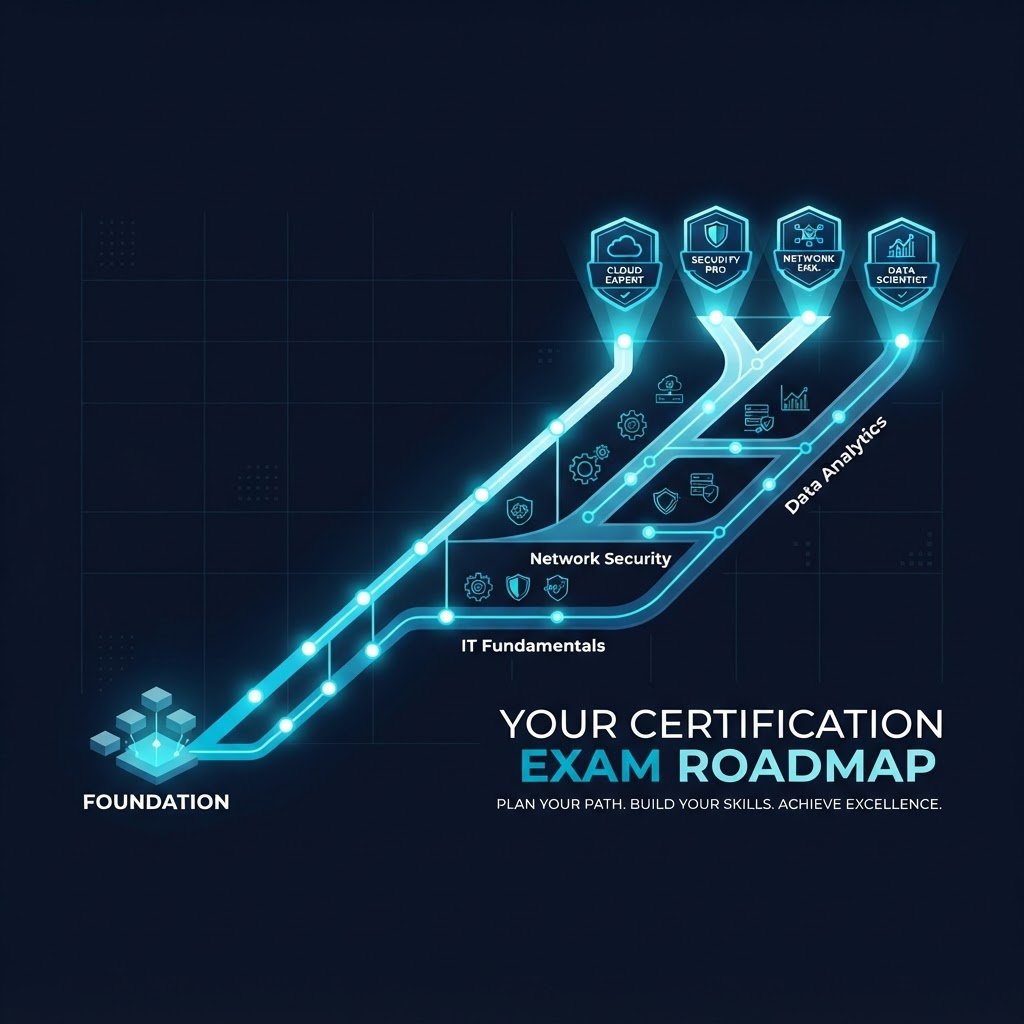 Certification roadmap path with exam milestones above a homelab