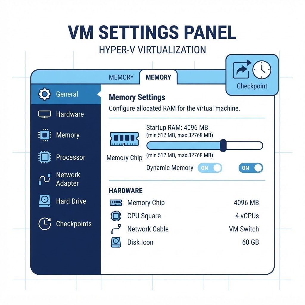 Hyper-V VM settings panel for memory, CPU and network